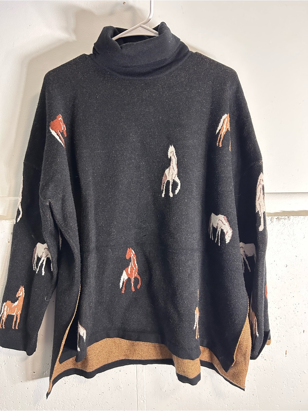 THML Black & Camel Turtleneck Sweater with Horse Motif